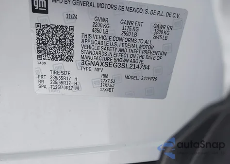 2025 Chevrolet Equinox Awd Activ из США, поврежденный, VIN 3GNAXSEG3SL214754